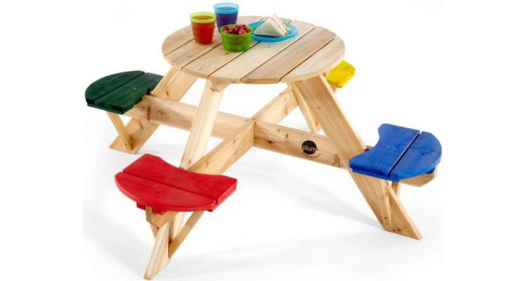 Masa de joaca din lemn cu scaune colorate pentru 4 copii PlumMasa de joaca din lemn cu scaune colorate pentru 4 copii Plum kivi.ro